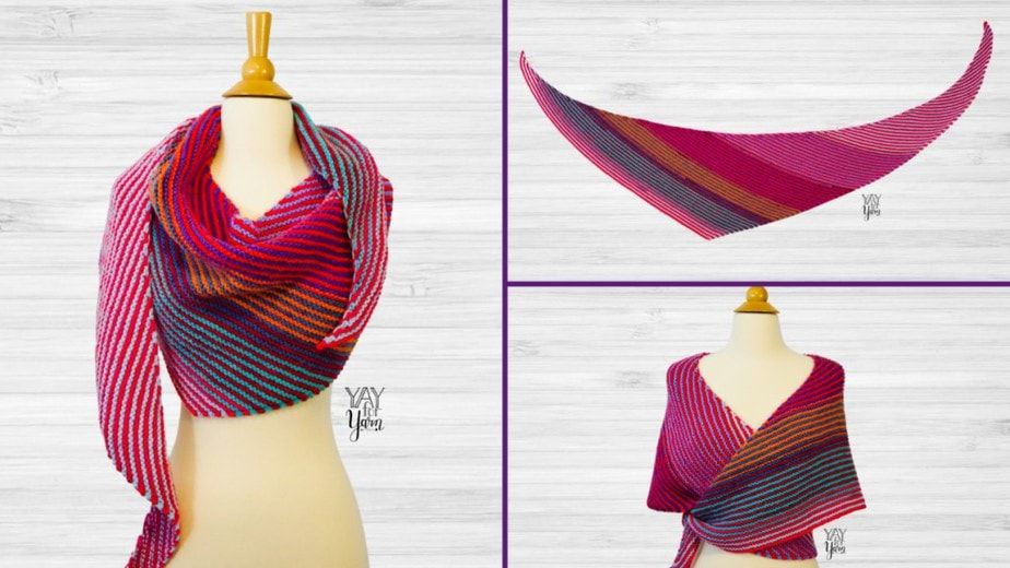 collage of double gradient knitted shawl on dressform