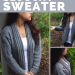 Collage of a girl wearing a gray slouchy sweater with white shirt and black jeans-free knitting pattern