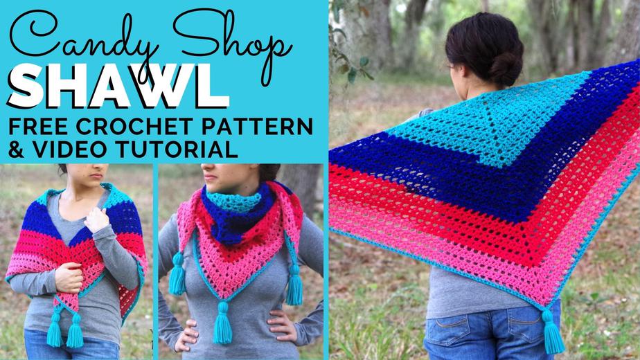 Collage of a girl outdoors wearing gray long sleeve and candy shop shawl with text ‘Candy shop shawl - FREE Crochet Pattern & Video Tutorial I Yay for Yarn’