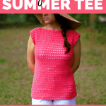 girl outdoors wearing red crochet summer tee and white jeans-free crochet pattern