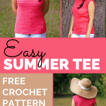 Collage of a girl outdoors wearing red crochet summer tee and white jeans-free crochet pattern