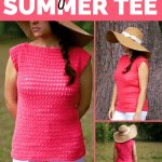 Collage of a girl outdoors wearing red crochet summer tee and white jeans-free crochet pattern