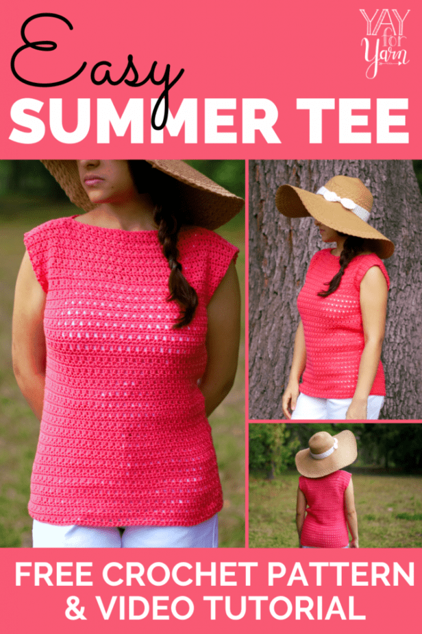 woman wearing pink crochet tee with wide sunhat