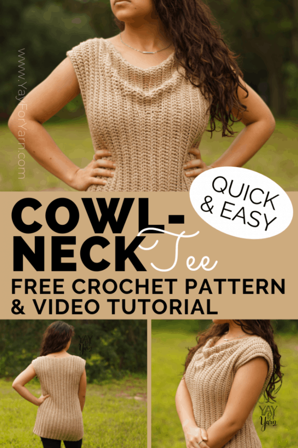 This simple, cowl-neck tee is made from just two rectangles!  It's a classic style that can be worn many different ways. Grab your favorite worsted weight yarn and make this top today! #yayforyarn #easycrochettop #easycrochetsweater #freecrochetpattern #summercrochet #plussizecrochet #crochetpattern #crochetcowl #beginnercrochetpattern