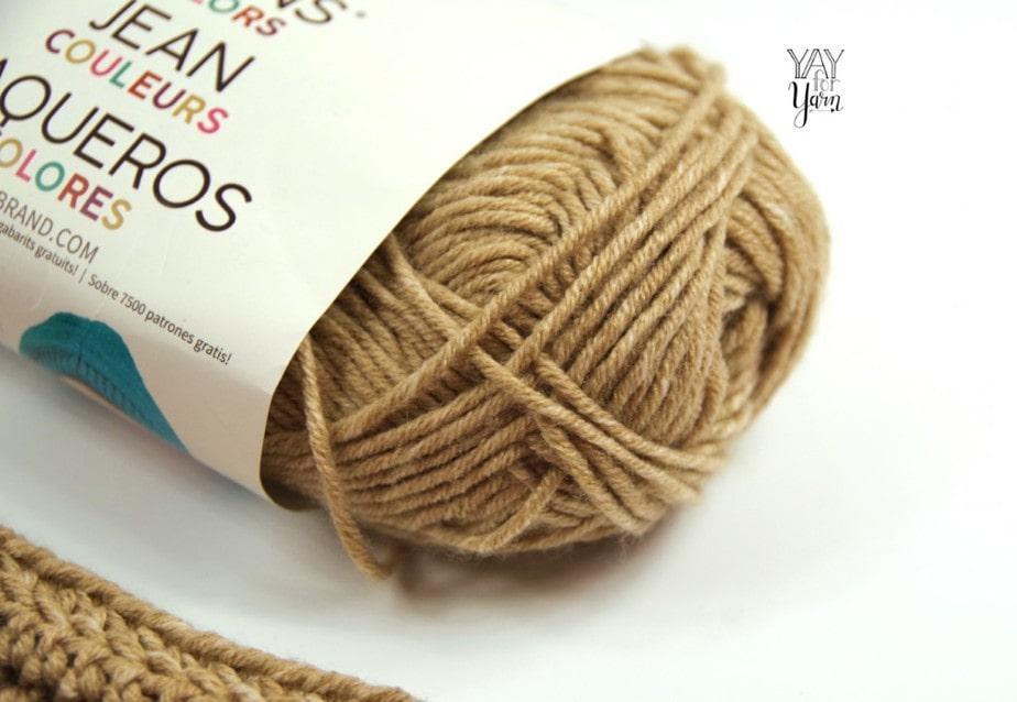 skein of lion brand jeans colors yarn in khaki