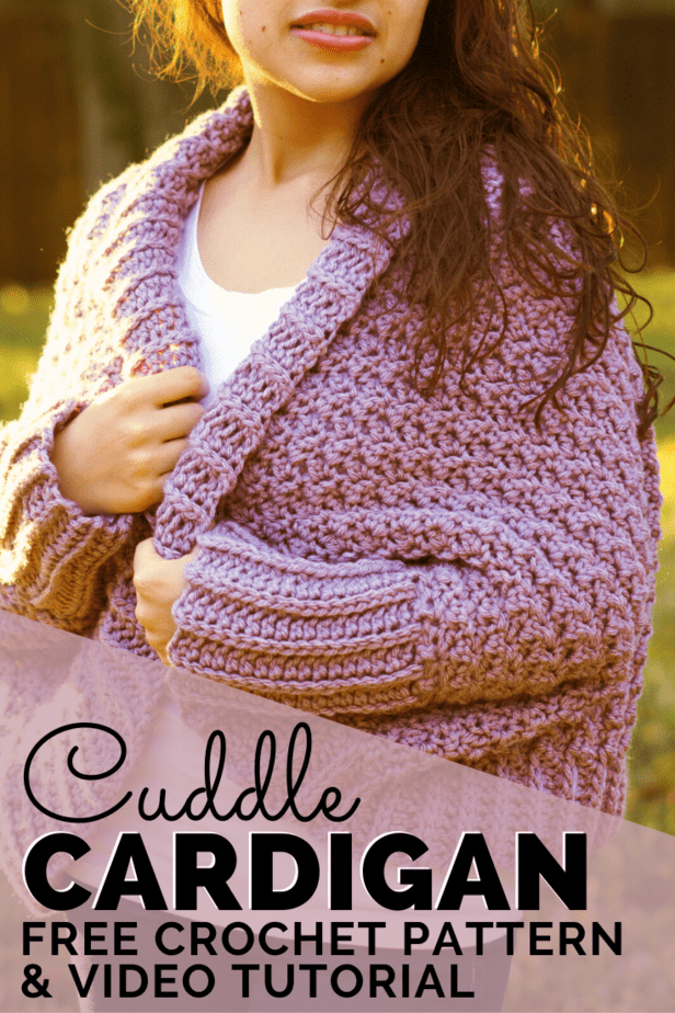 Wrap yourself in coziness with the Cuddle Cardigan! This easy-to-make, beginner-friendly crochet cardigan is like wearing a snuggly blanket. Made from a rectangle in bulky yarn, it's a simple project that works up quickly. Click through for the free crochet pattern! #freecrochetpattern #crochetcardigan #yayforyarn #crochetsweater #chunkycrochet #bulkycrochet #plussizecrochet