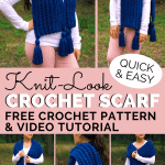 This thick, squishy scarf may look knitted, but it's actually crocheted!  It's a beginner-friendly project that is quick and easy to make. Grab your hook and let's get started! #crochetscarf #freecrochetpattern #knitlookcrochet #crochetscarfpattern #chunkycrochet