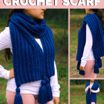 collage of a girl wearing a blue chunky crochet scarf with tassels