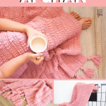 collage of photos - textured crochet afghan, woman under blanket with cup of tea