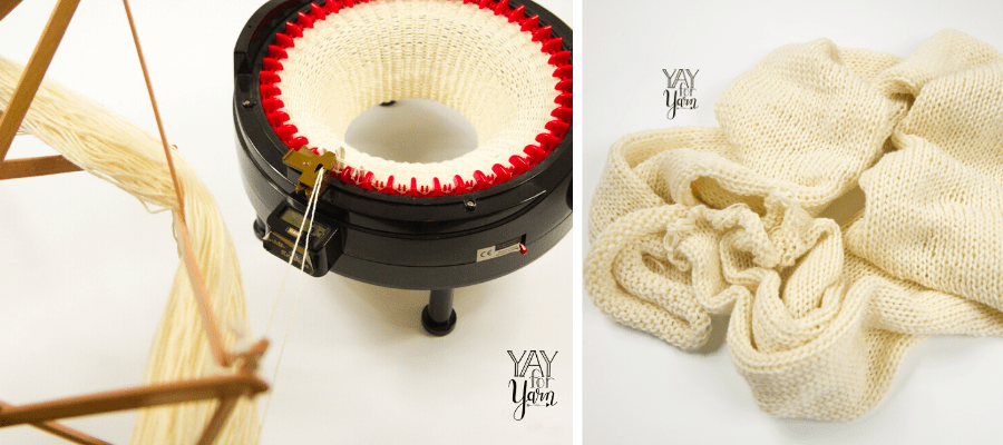collage of knitting a yarn blank from undyed yarn on the Addi King Knitting Machine
