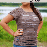 woman wearing brown crochet summer top in front of lake-free crochet pattern