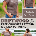 pin image for driftwood tee - collage of photos of woman wearing brown crochet summer top in front of lake