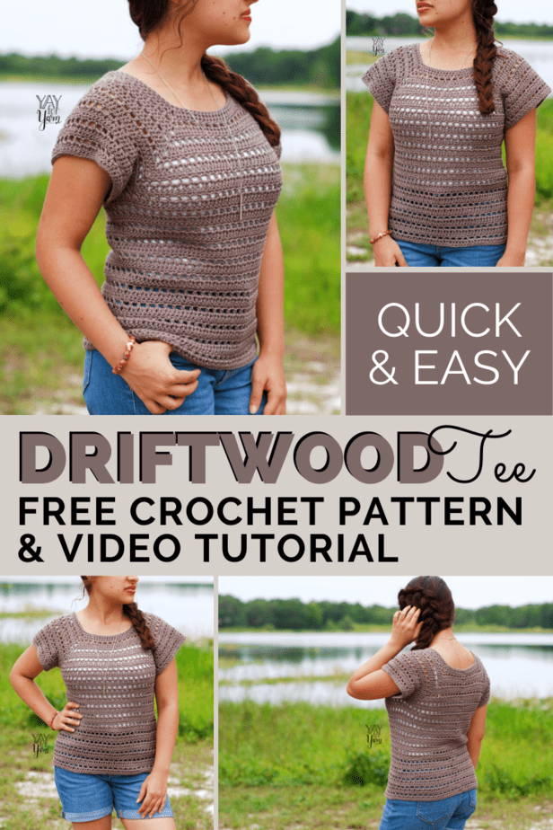 pin image for driftwood tee - collage of photos of woman wearing brown crochet summer top in front of lake