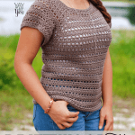 pin image for driftwood tee - woman wearing brown crochet summer top in front of lake