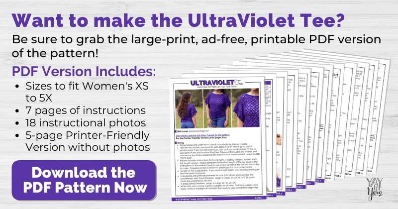 link to shop page, where you can purchase the pdf version of the UltraViolet Tee Knitting Pattern