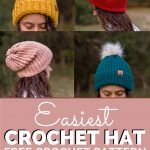 Collage of a girl outdoors wearing weighted crochet hat with faux fur pom pom with text “Easiest Crochet Hat, Free Crochet Pattern and Video Tutorial I Yay for Yarn”