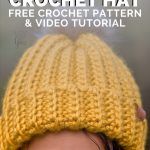 close-up of a girl outdoors wearing yellow crochet ski hat with gray fur pom pom in the background with text “Easiest Crochet Hat, Free Crochet Pattern and Video Tutorial”