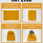 Illustration on “How to make the easiest crochet hat ever”, First is to “Crochet a Rectangle”, Second is to “Fold and Seam”, Third is to “Cinch top closed” and Last is to “Add Pom Pom and Tag”, “Free pattern and video tutorials for beginners I Yay for Yarn”