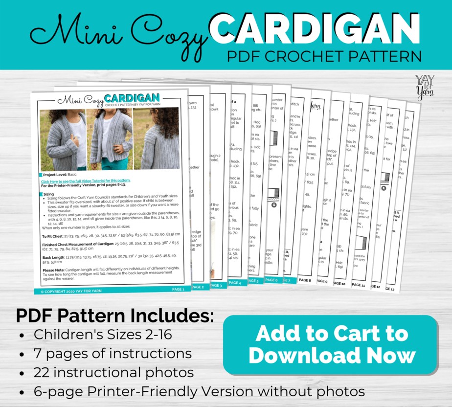Mini Cozy Cardigan pdf listing that reads “Mini Cozy cardigan PDF crochet pattern, PDF pattern includes: Children's sizes 2-16, 7 pages of instructions, 22 instructional photos, 6-page printer-friendly version without photos