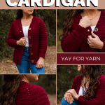 Collage of a woman wearing crimson red crochet cardigan with white shirt and jeans with text that reads ‘Crimson Cardigan, Free Crochet pattern and video tutorial-Yay for Yarn’