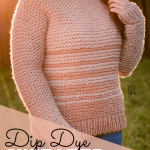 A side-view of a girl outdoors wearing beige / terracotta dip dye sweater at golden hour with text that reads ‘Dip Dye Sweater-FREE Knitting pattern and video tutorial’