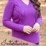 front view of a girl with large braids on one side wearing a purple v-neck sweater and text that reads ‘Intertwine Pullover-Free Crochet pattern and video tutorial’