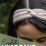 A girl wearing a twisted knit headband with eyelets and a text that reads ‘Eyelet headband-Free Knitting and Video Tutorial