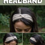 a collage of a girl outdoors wearing eyelet headband with text ‘Eyelet Headband-free knitting pattern and video tutorial’
