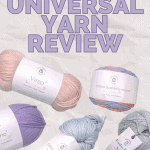 "Universal Yarn Review" Pinterest image with yarn and white paper-like texture background